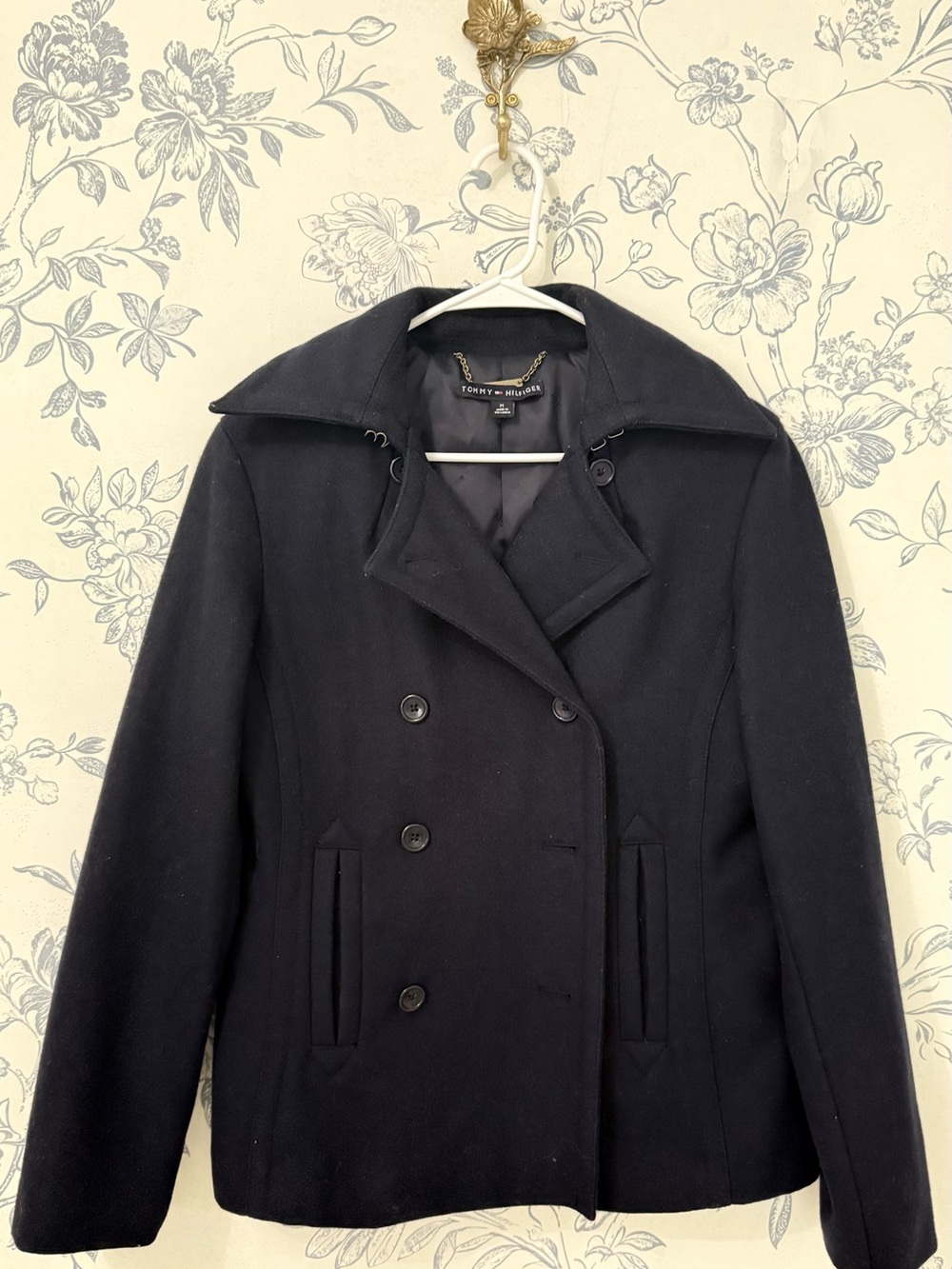 Tommy Hilfiger Black Double-Breasted Wool Peacoat